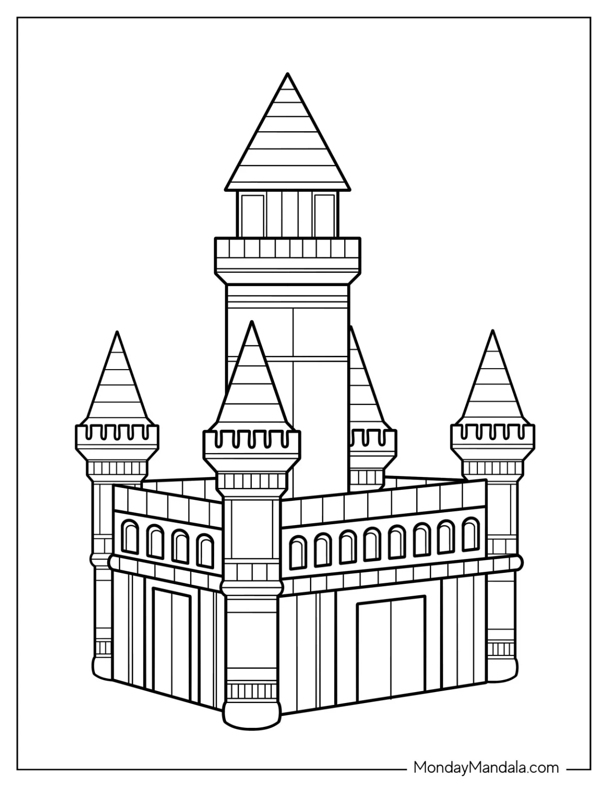Simple Castle Coloring Page With High Tower In The Middle coloring page — printable line art