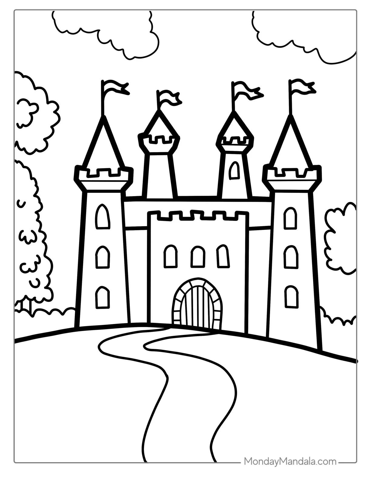 Simple Outline Of Castle Coloring Page With Flags For Kids coloring page