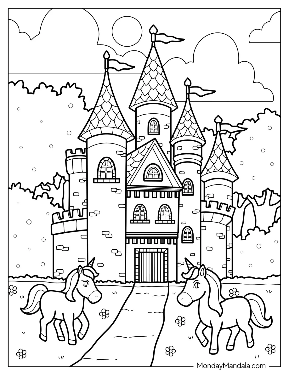 Unicorns Strolling Outside A Beautiful Castle Coloring Page coloring page