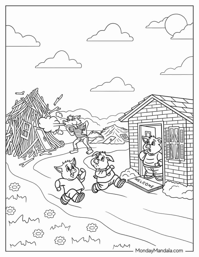 Big Bad Wolf Blowing Down Stick House Coloring In coloring page — printable line art