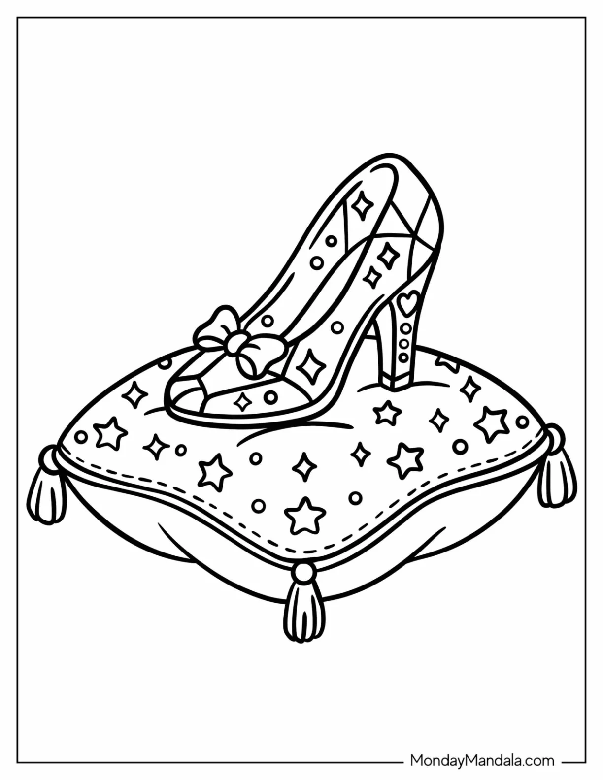Cinderella’s Glass Slipper on a Starry Cushion Coloring Page for Kids coloring page