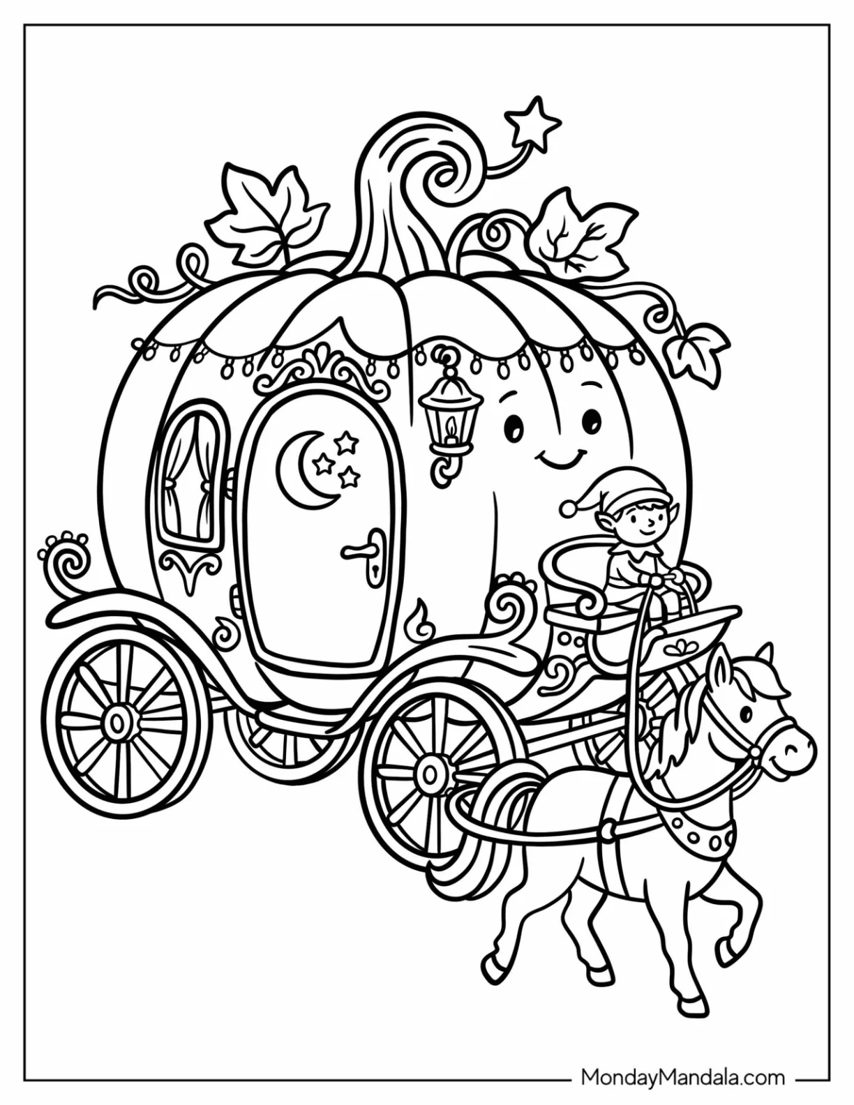 Cinderella’s Pumpkin Carriage Pulled by a Horse Coloring Sheet coloring page — printable line art