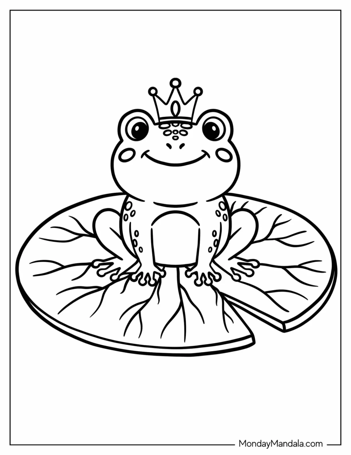 Frog Prince Wearing a Crown on a Lily Pad Coloring Page for Preschoolers coloring page