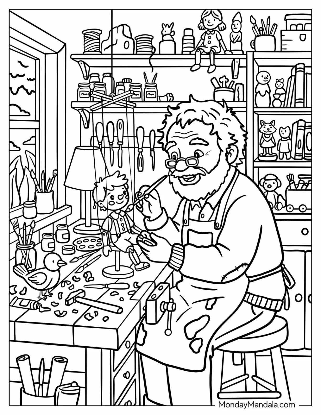 Geppetto Painting Pinocchio in His Toy Workshop Coloring Page coloring page