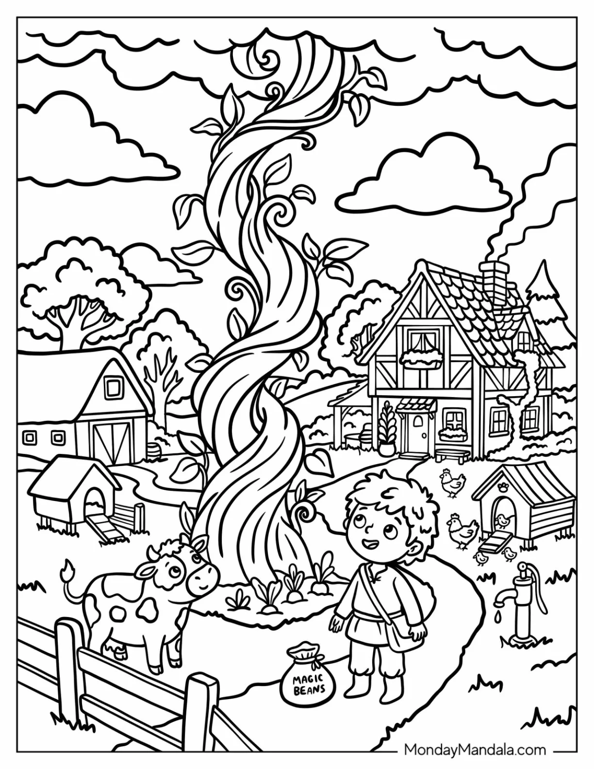 Jack Watching a Giant Beanstalk Grow on the Farm Coloring Sheet coloring page — printable line art