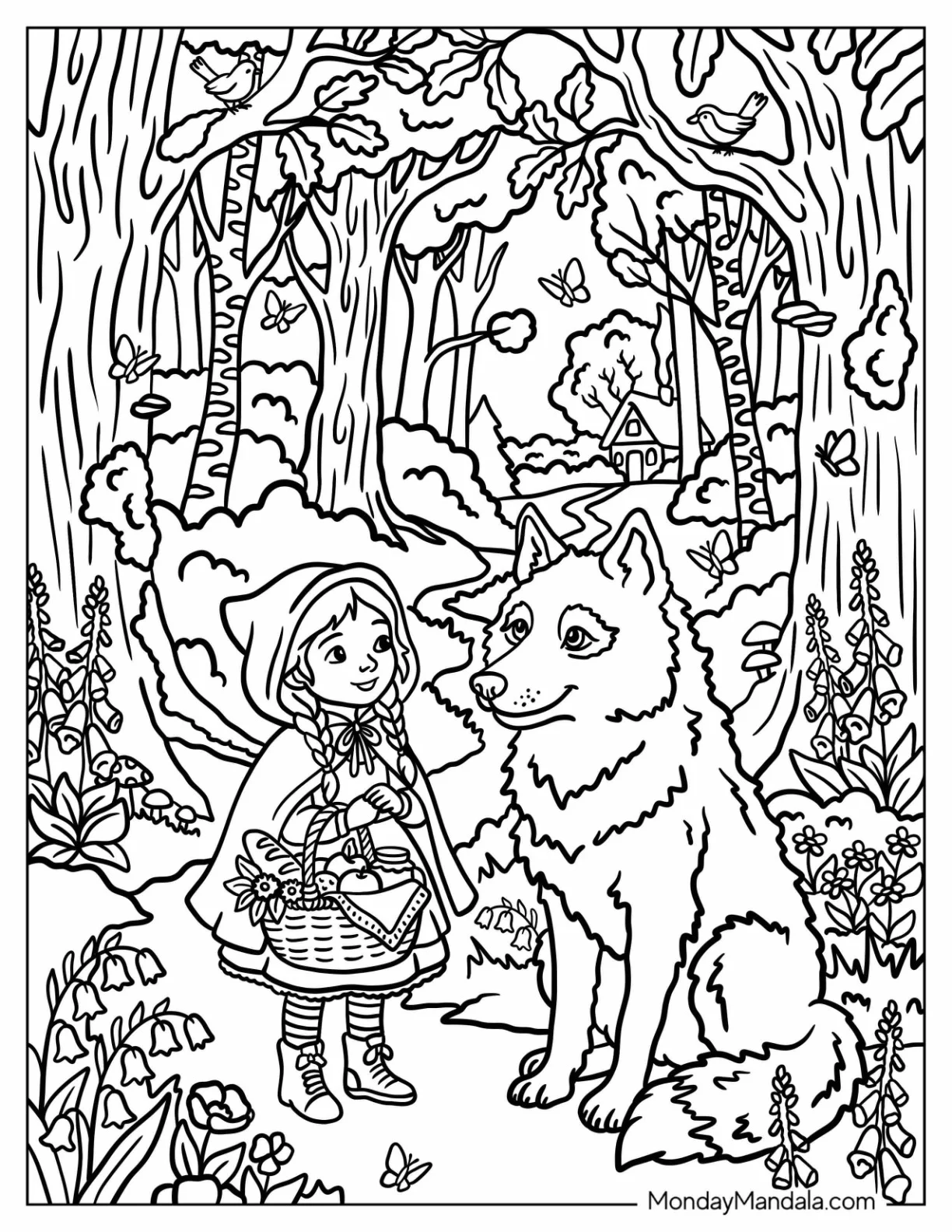 Little Red Riding Hood Meeting the Wolf in the Forest Coloring Page coloring page