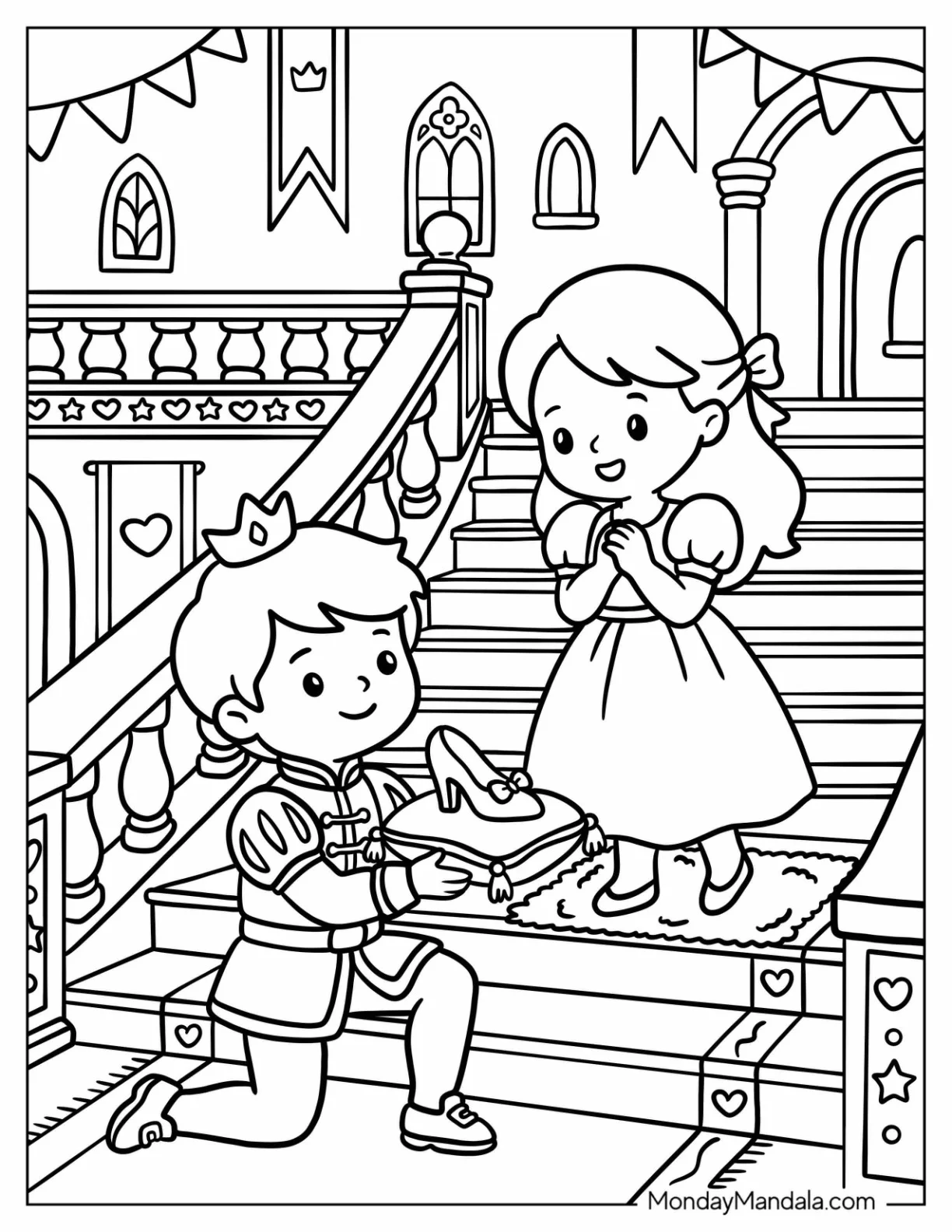Prince Returning Cinderella’s Glass Slipper on the Palace Stairs Coloring Page for Kids coloring page