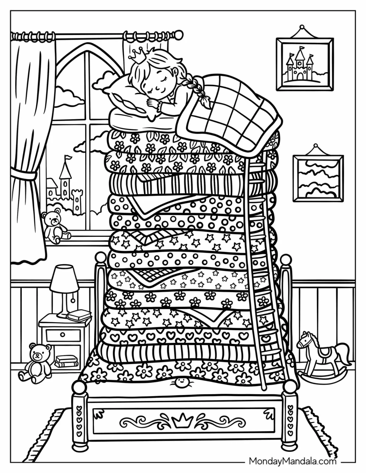 Princess Sleeping atop a Tower of Mattresses Coloring Page coloring page — printable line art