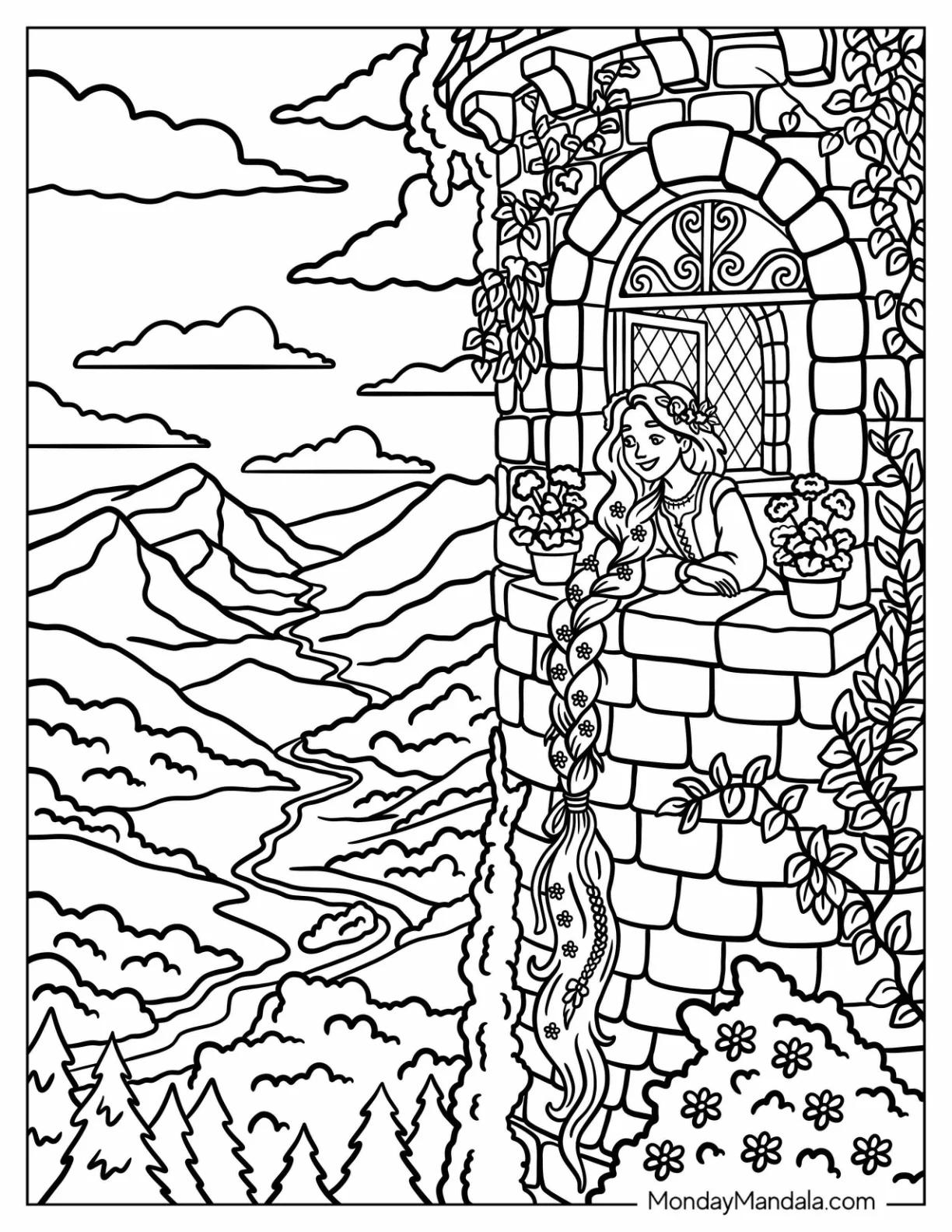 Rapunzel Lowering Her Long Hair from a Tower Coloring Page coloring page — printable line art