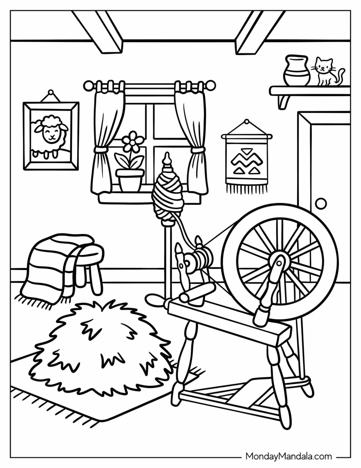 Rumpelstiltskin’s Spinning Wheel Beside a Pile of Straw coloring page