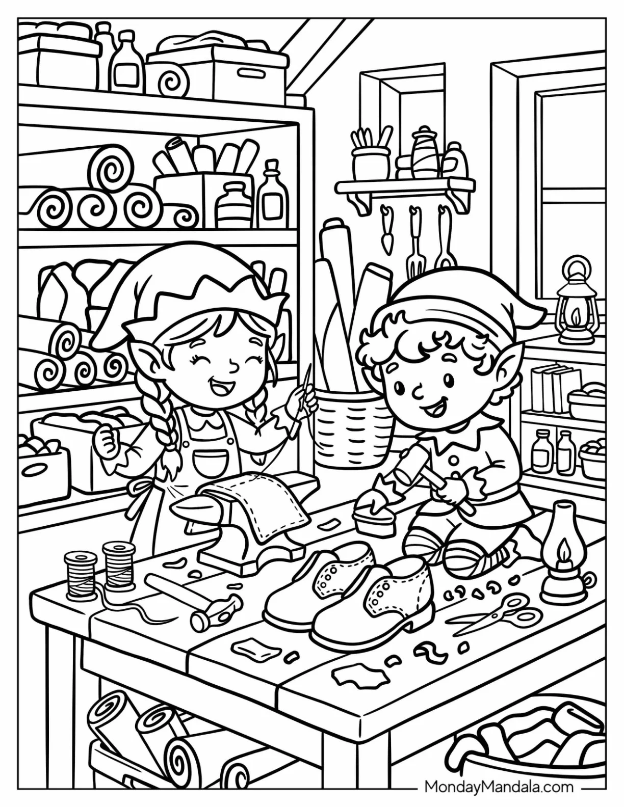 Shoemaker’s Elves Crafting Shoes in a Workshop Coloring Page coloring page
