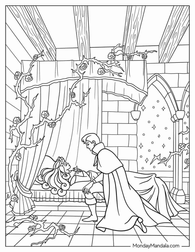 Simple Coloring Page Of Sleeping Beauty With Prince coloring page