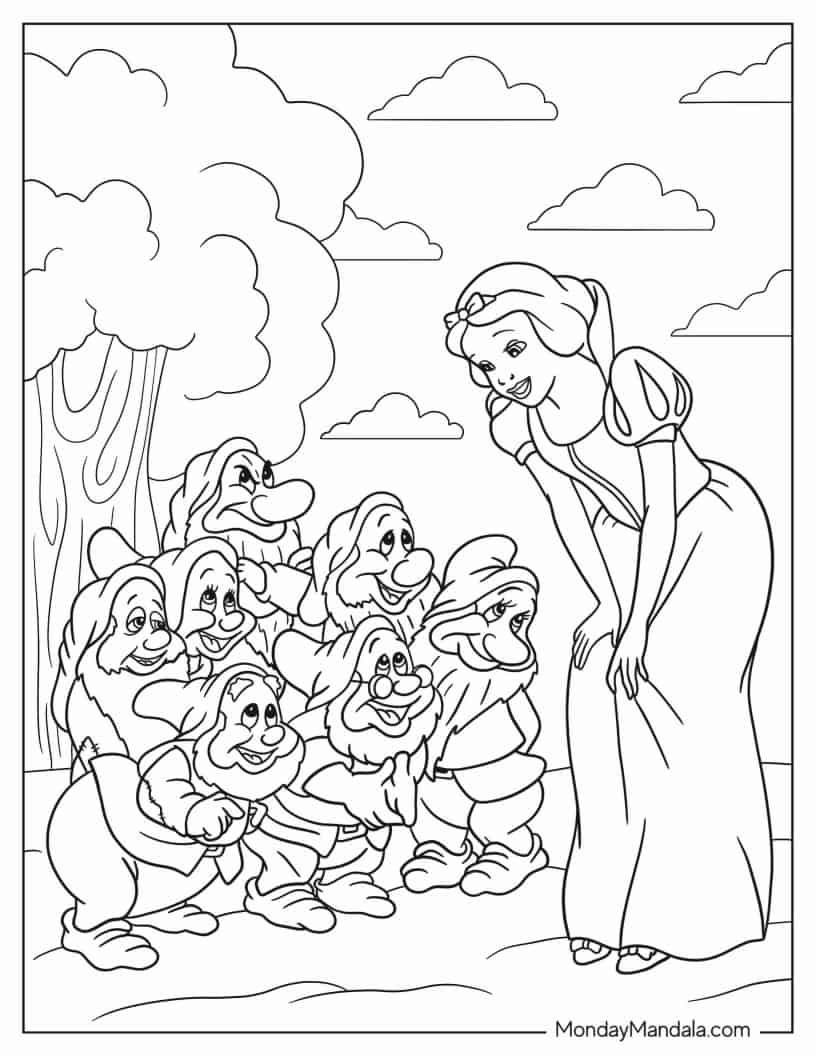 Snow White And The Seven Dwarves Coloring Page coloring page — printable line art