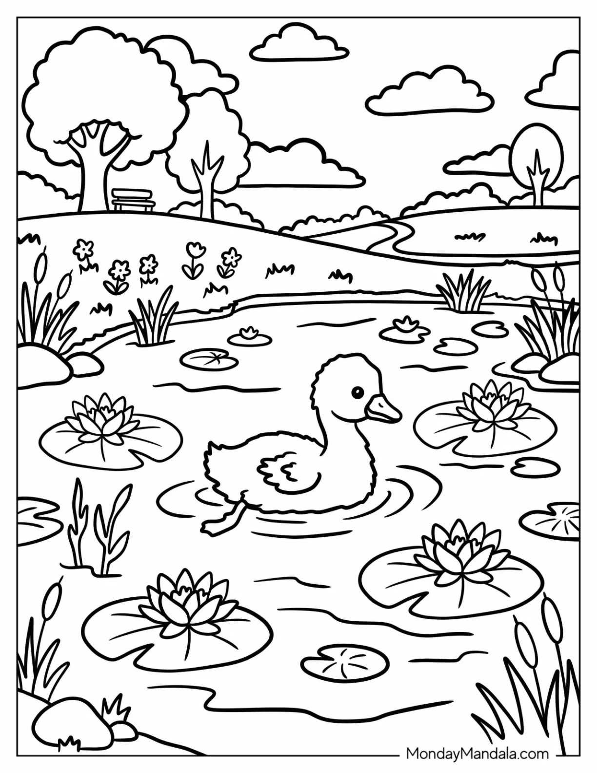 The Ugly Duckling Swimming Among Water Lilies Coloring Page coloring page — printable line art