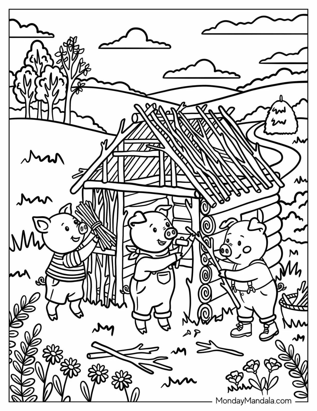 Three Little Pigs Building a Stick House Coloring Page coloring page