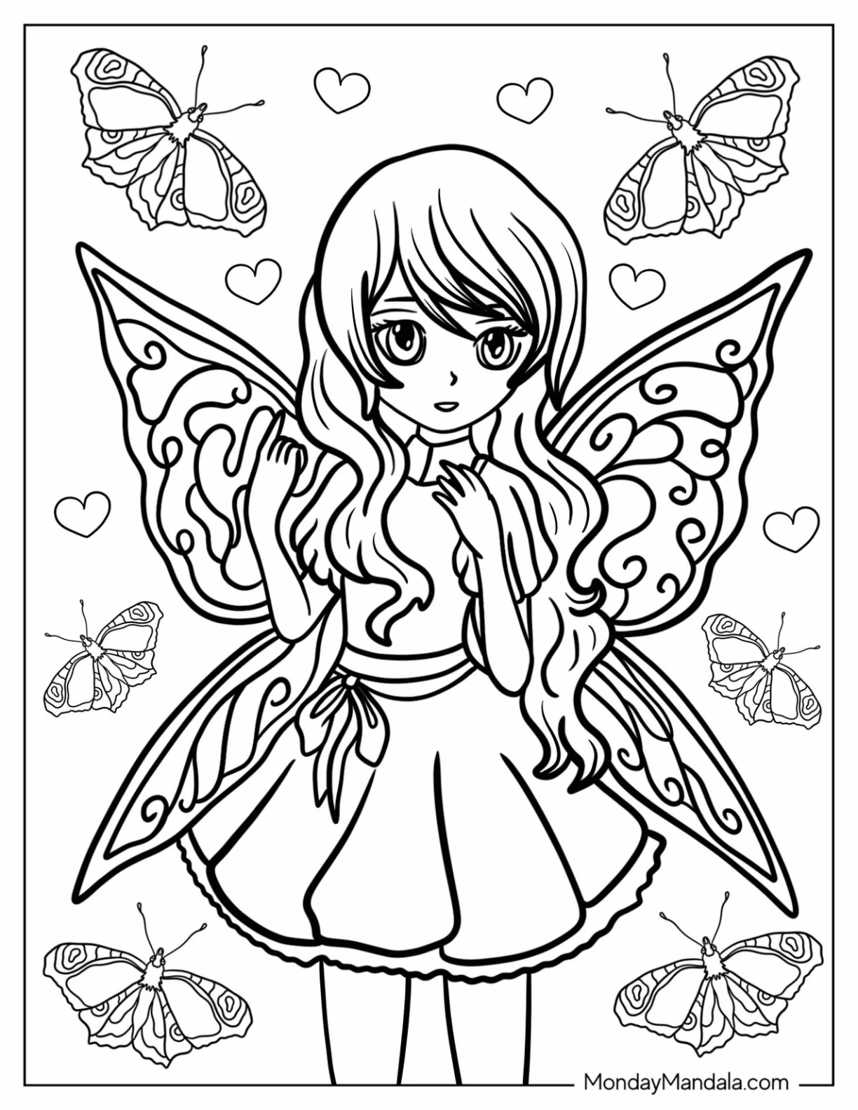 Anime Fairy Coloring Page With Butterflies In The Background coloring page — printable line art