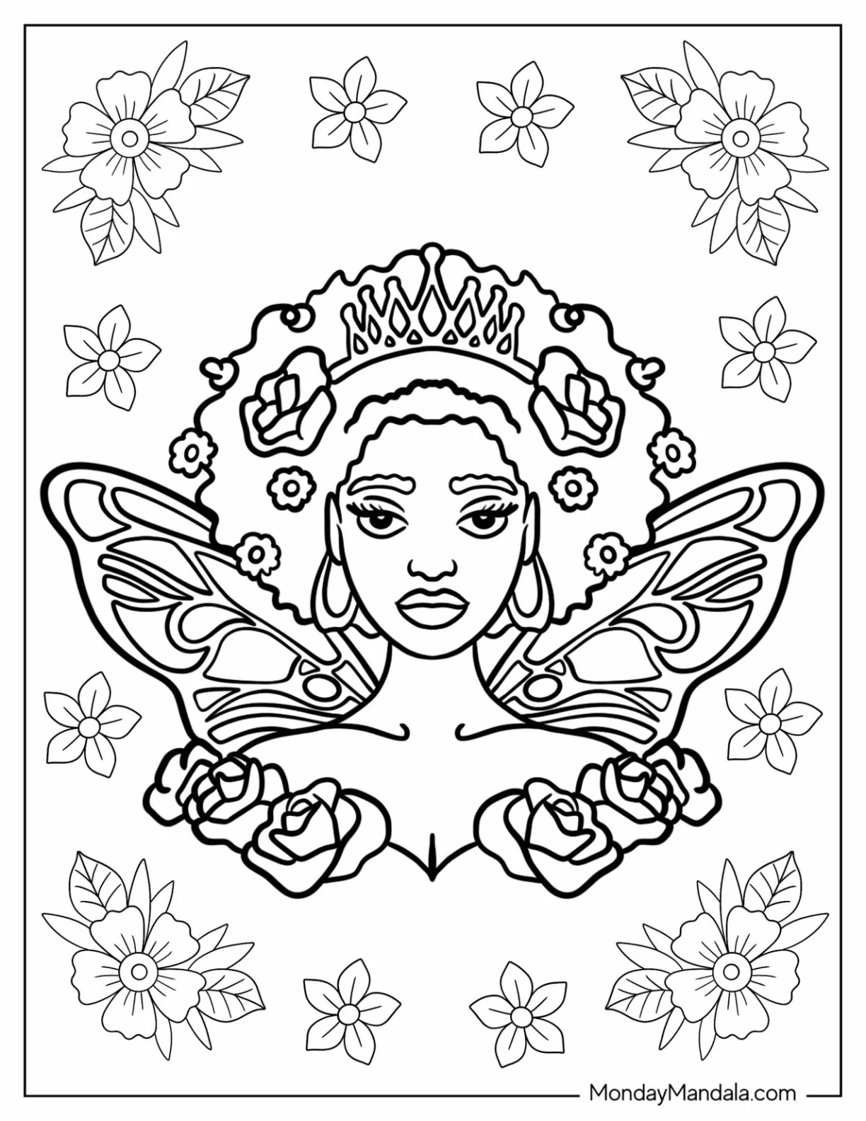 Black Fairy Coloring Page With Pretty Afro Hair coloring page — printable line art