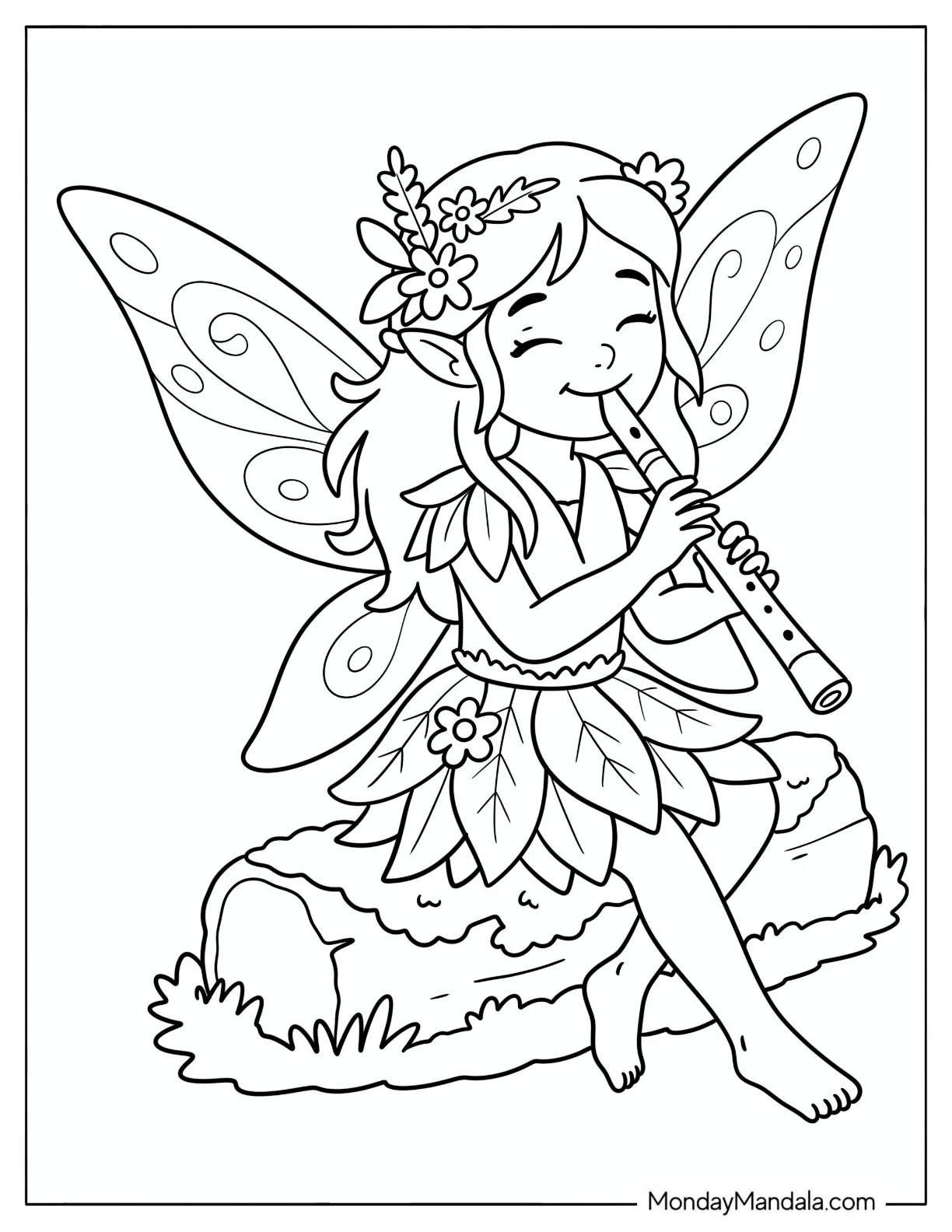 Cute Fairy Playing a Flute While Sitting on a Rock Coloring Page for Kids coloring page