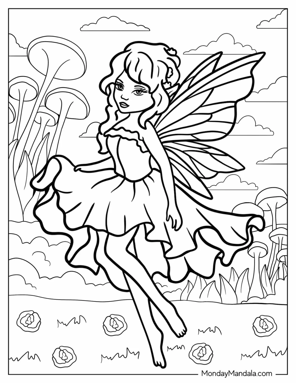 Elegant Fairy Coloring Page Skipping In Garden With Mushrooms coloring page