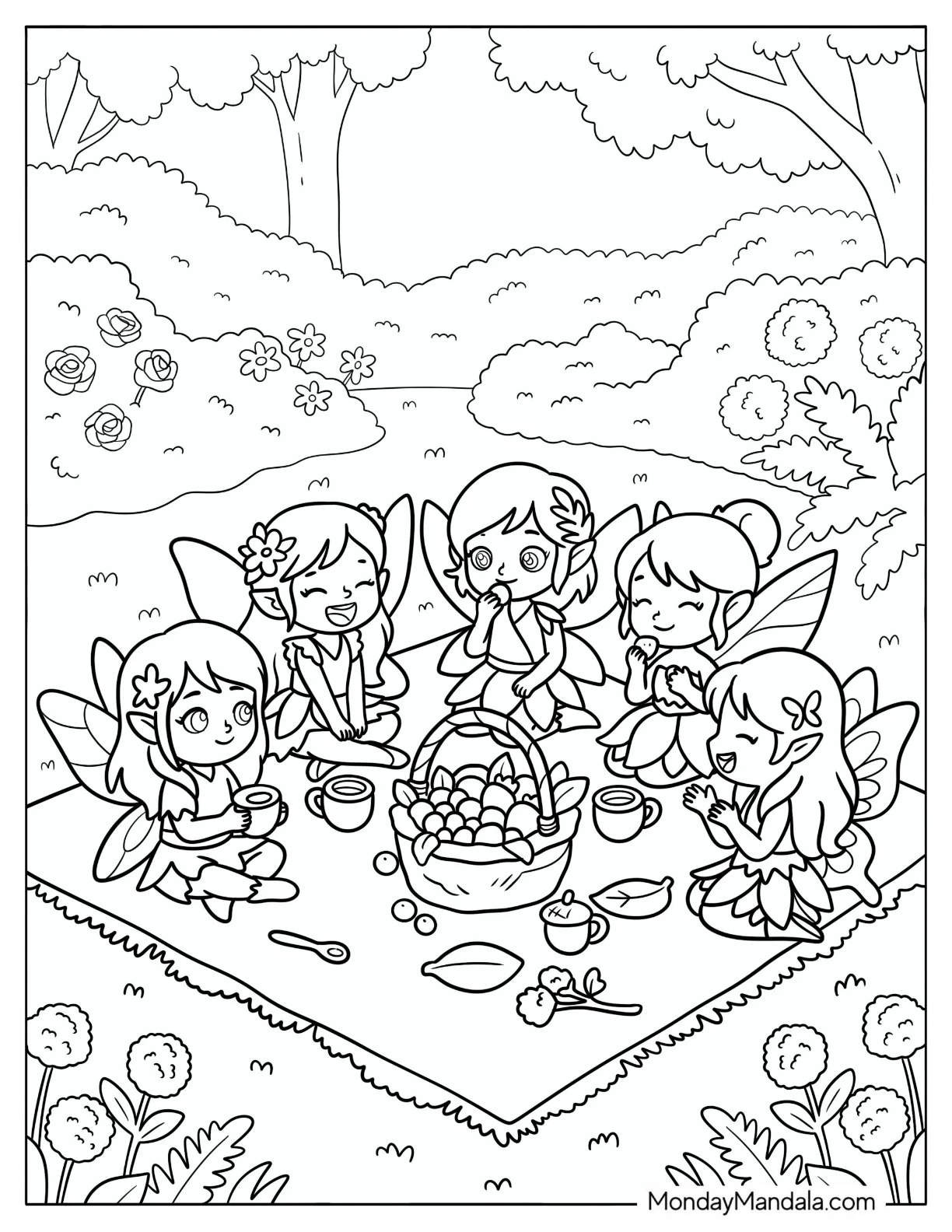 Fairies Sharing Tea and Fruit at a Woodland Picnic Coloring Page coloring page