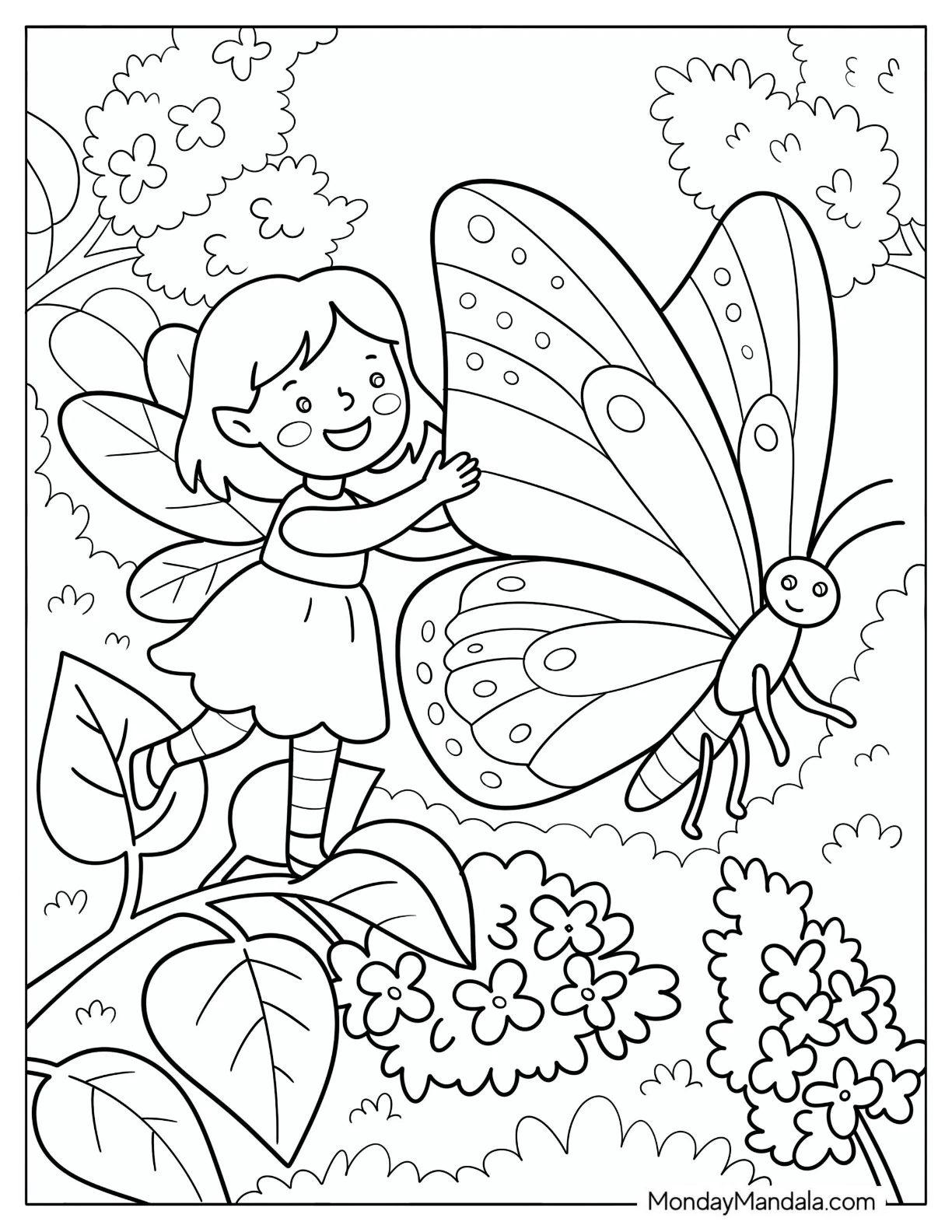 Fairy Befriending a Giant Butterfly in a Flower Garden coloring page — printable line art