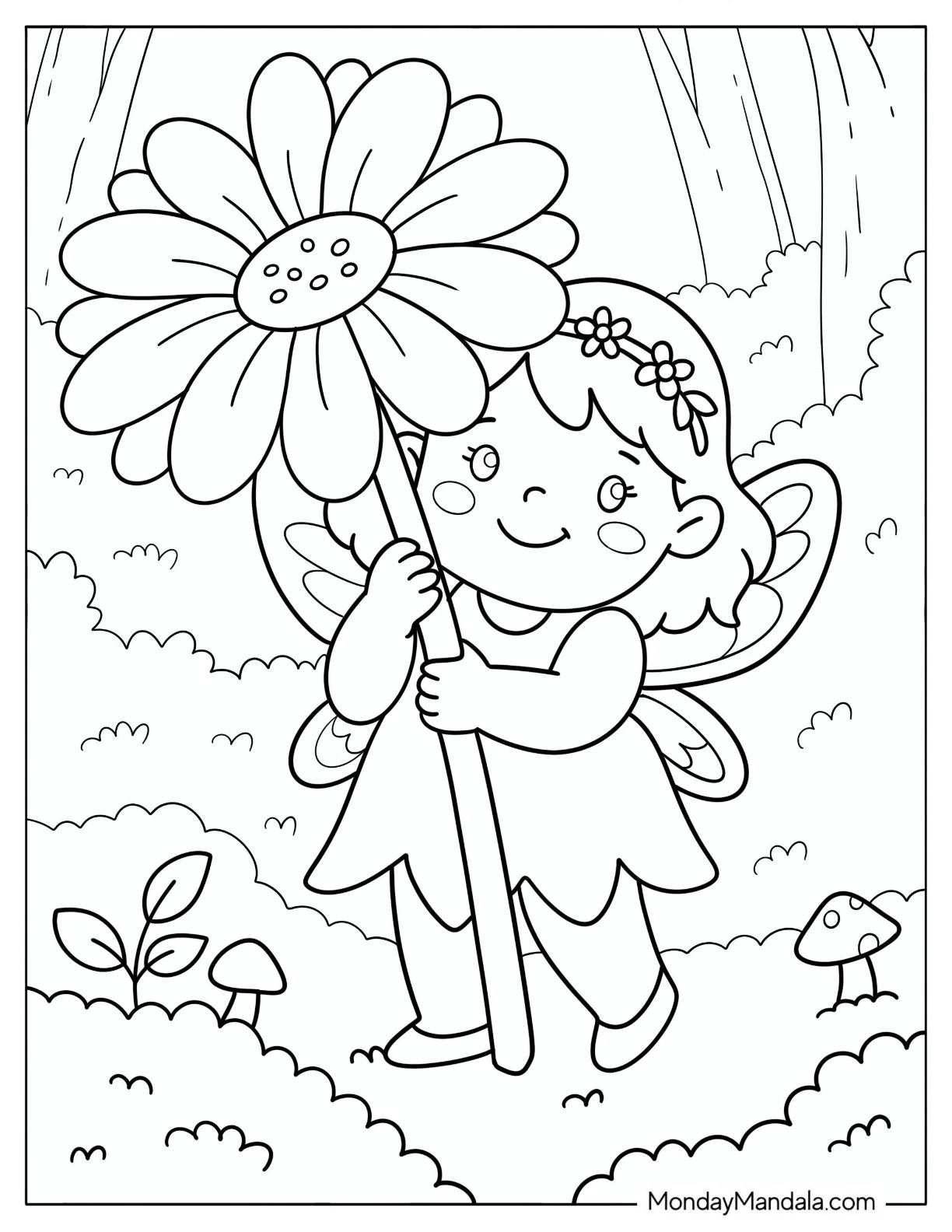 Fairy Carrying a Giant Flower Through the Forest Coloring Page for Kids coloring page