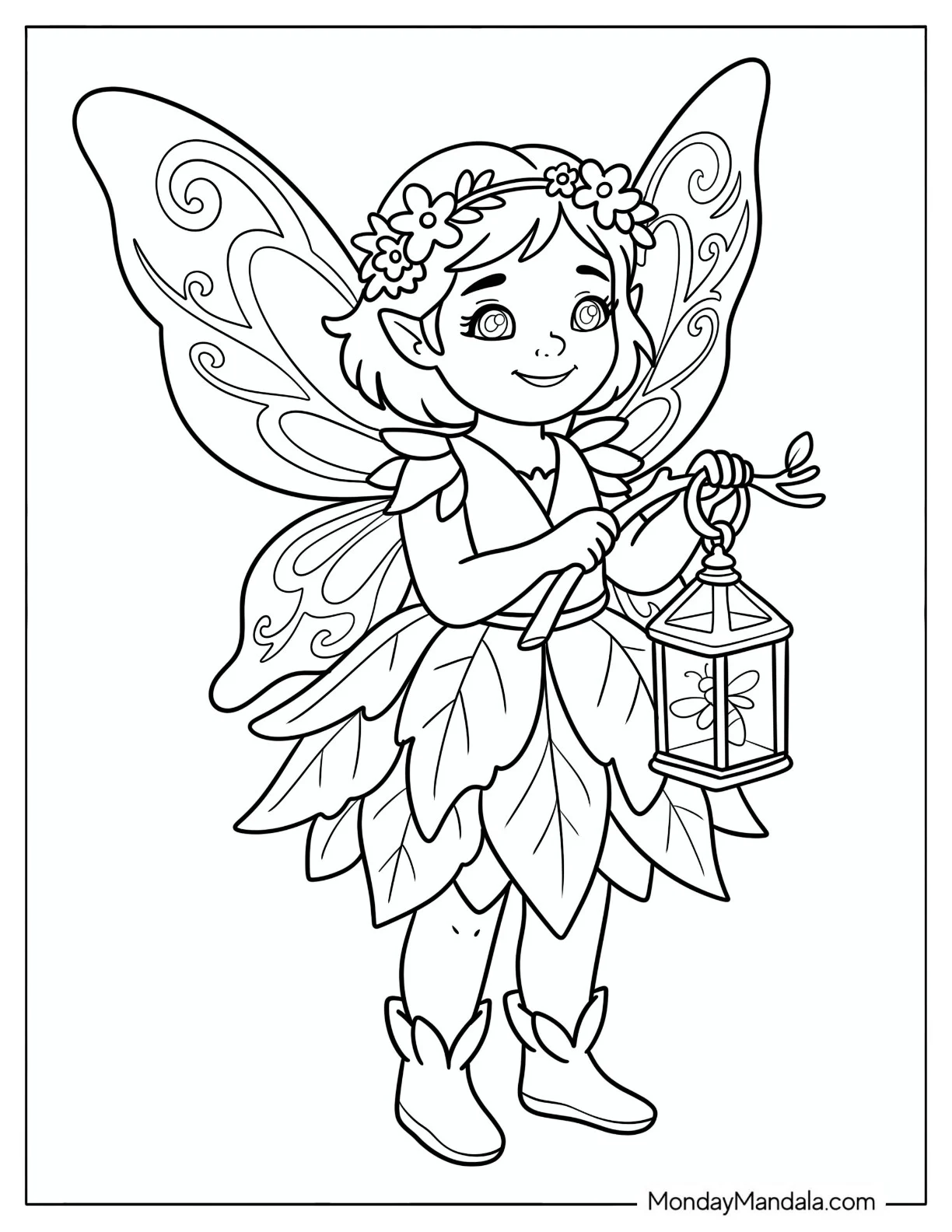 Fairy Carrying a Lantern on a Flowering Branch Coloring Page for Kids coloring page