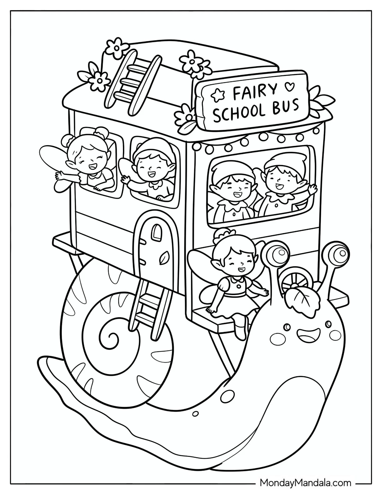 Fairy Children Riding a Snail School Bus Coloring Page for Kids coloring page — printable line art