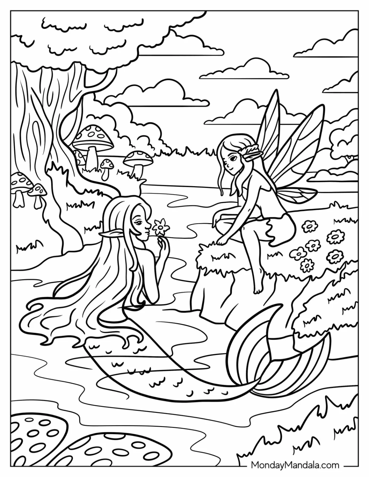 Fairy Coloring Page Bonding With A Mermaid coloring page — printable line art