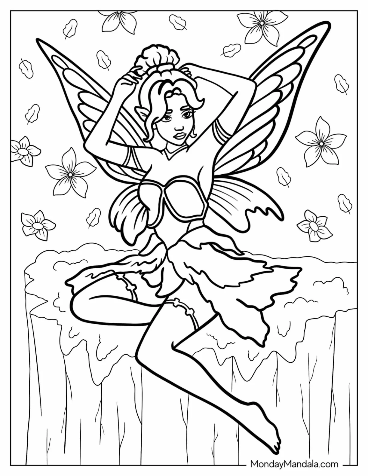 Fairy Coloring Page Fixing Her Hair On A Cliff coloring page — printable line art