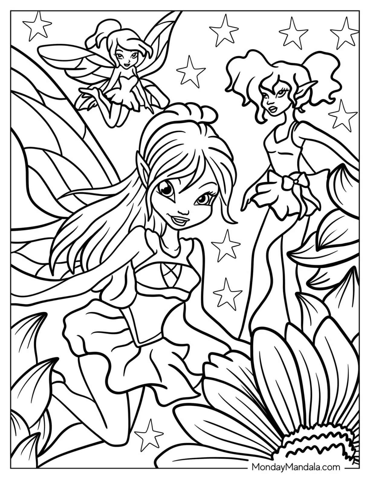 Fairy Coloring Page Friends Flying In The Garden coloring page — printable line art