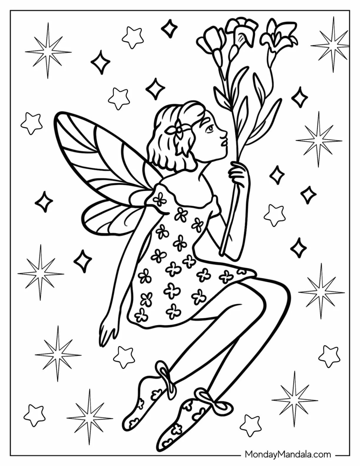 Fairy Coloring Page Holding Wildflowers coloring page — printable line art