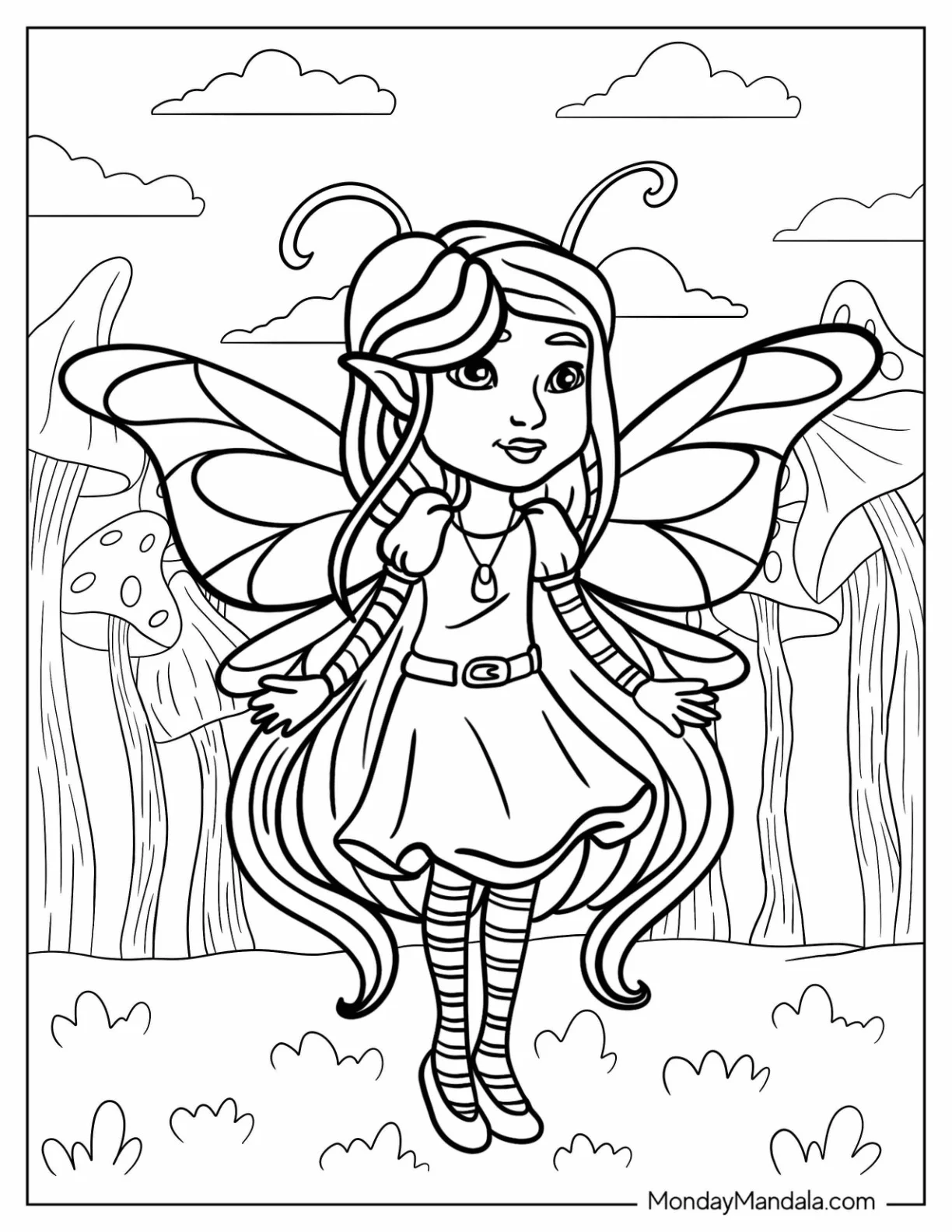 Fairy Coloring Page In Pretty Dress Roaming Mushroom Land coloring page — printable line art