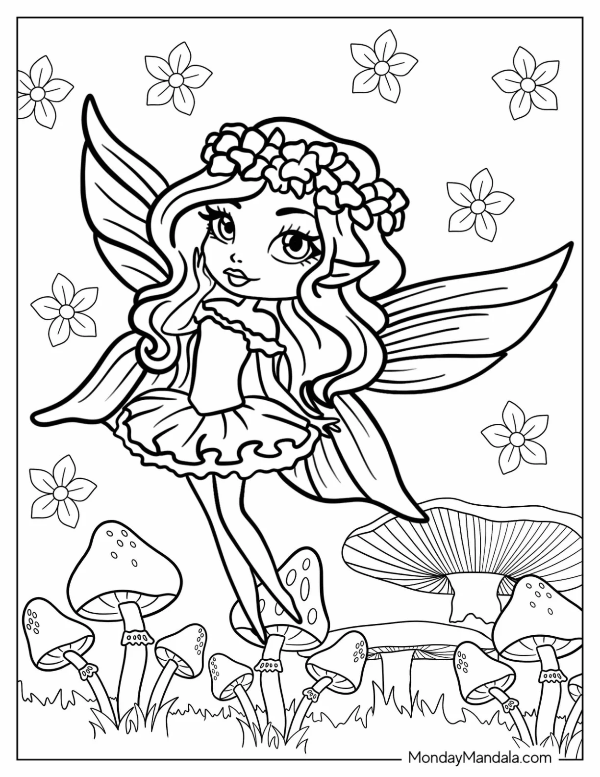 Fairy Coloring Page With Flower Crown Flying Above Mushrooms coloring page