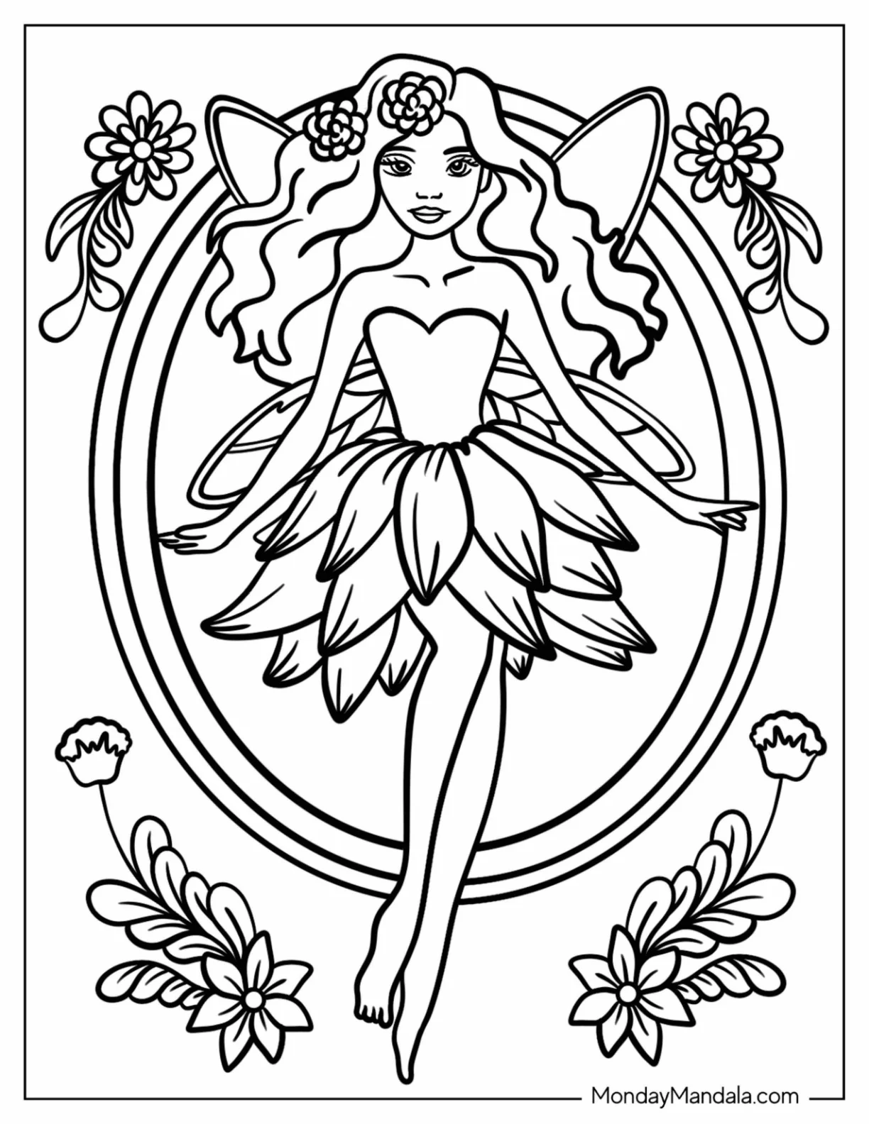 Fairy Coloring Page With Flowers In Her Hair And Petal Skirt coloring page
