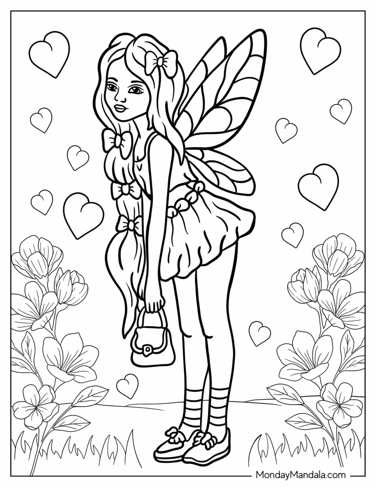 Fairy Coloring Page With Long Hair Full Of Bows coloring page — printable line art