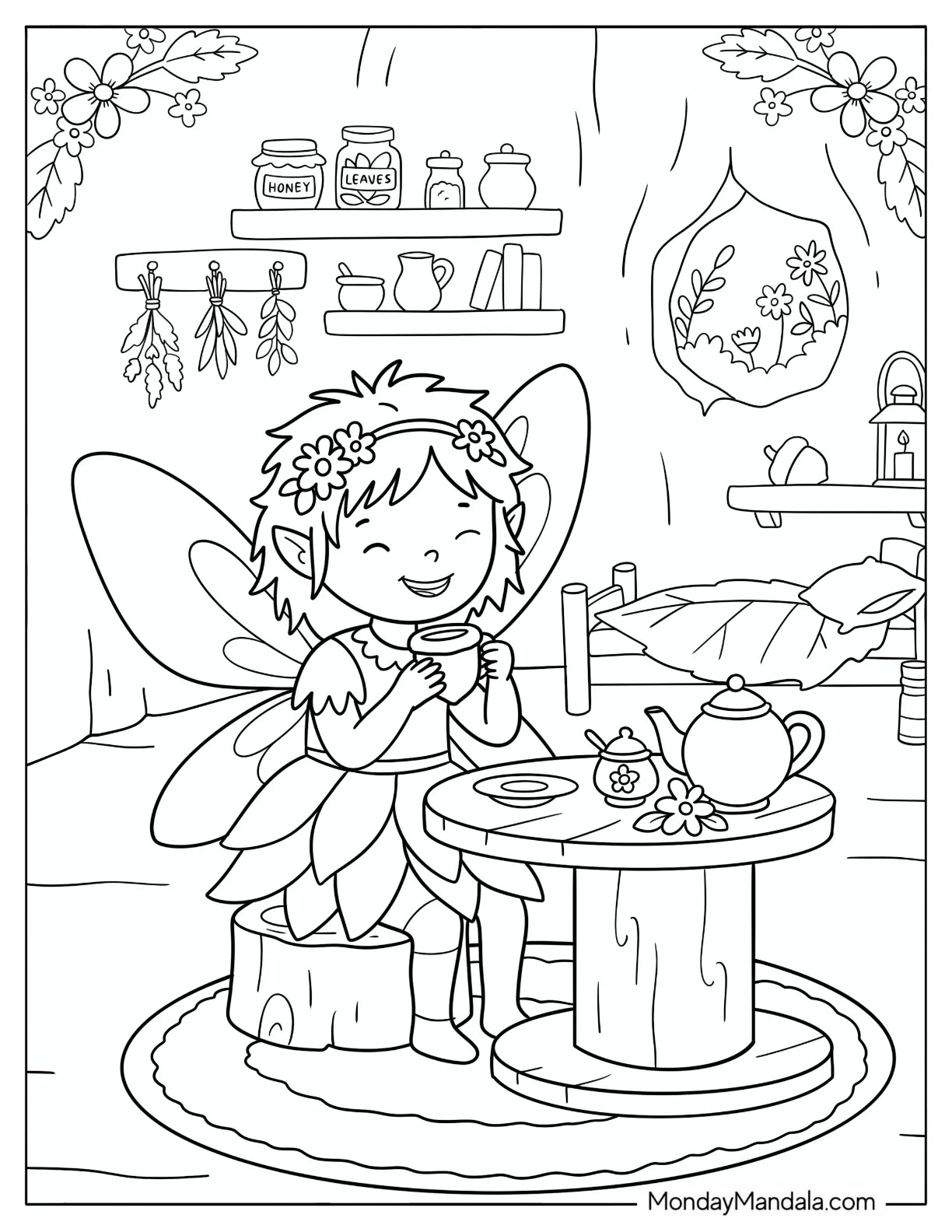 Fairy Enjoying Tea Inside a Cozy Hollow Tree Home Coloring Page coloring page — printable line art