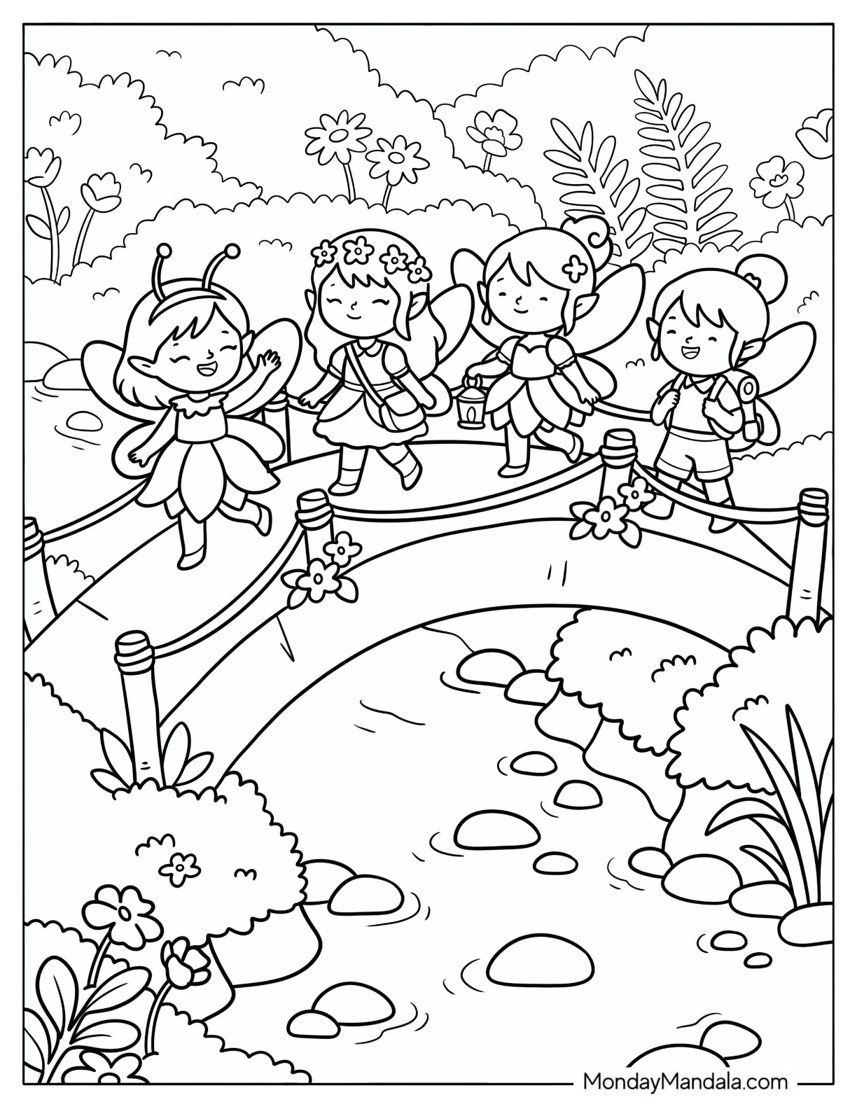 Fairy Friends Crossing a Flower Decorated Bridge Coloring Page coloring page
