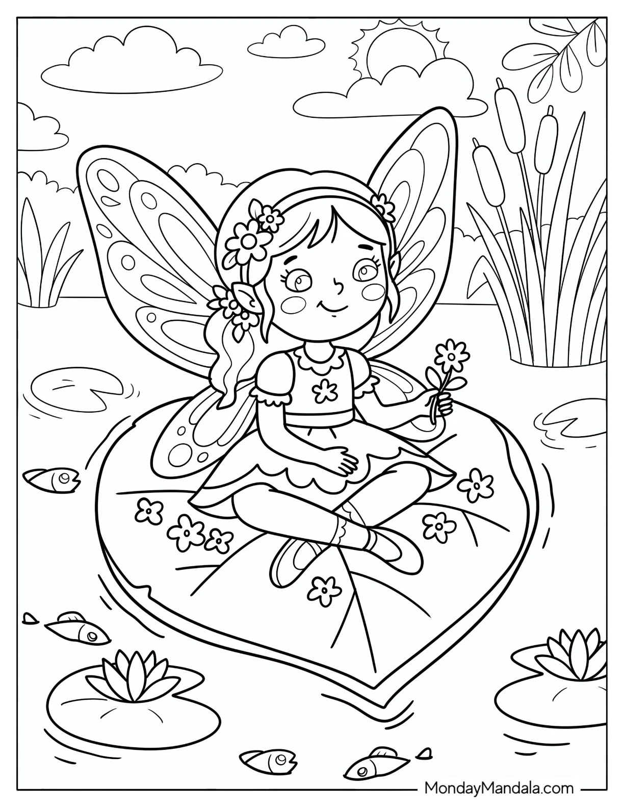 Fairy Holding a Flower While Sitting on a Heart Shaped Lily Pad coloring page — printable line art