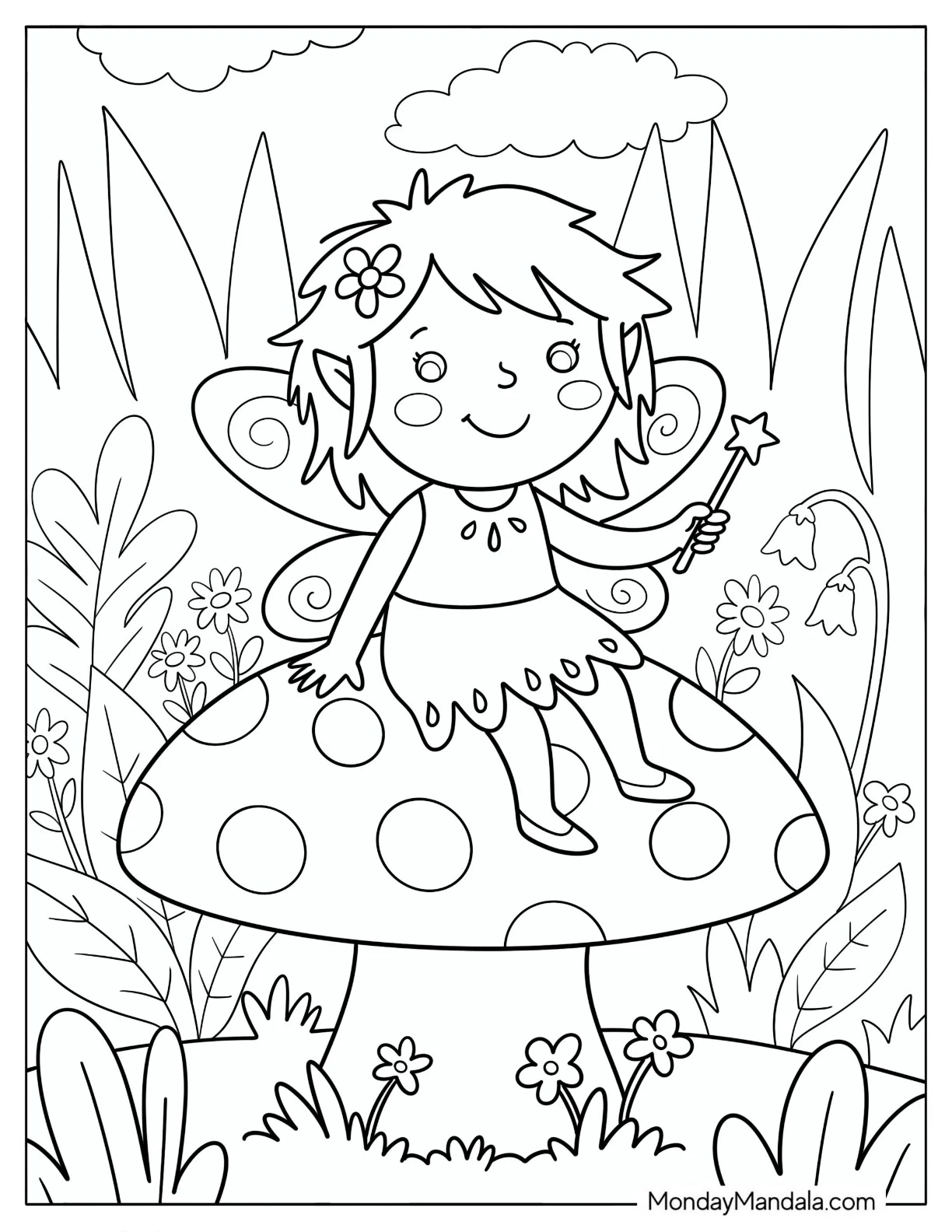 Fairy Holding a Star Wand atop a Giant Mushroom Coloring Page for Kids coloring page — printable line art