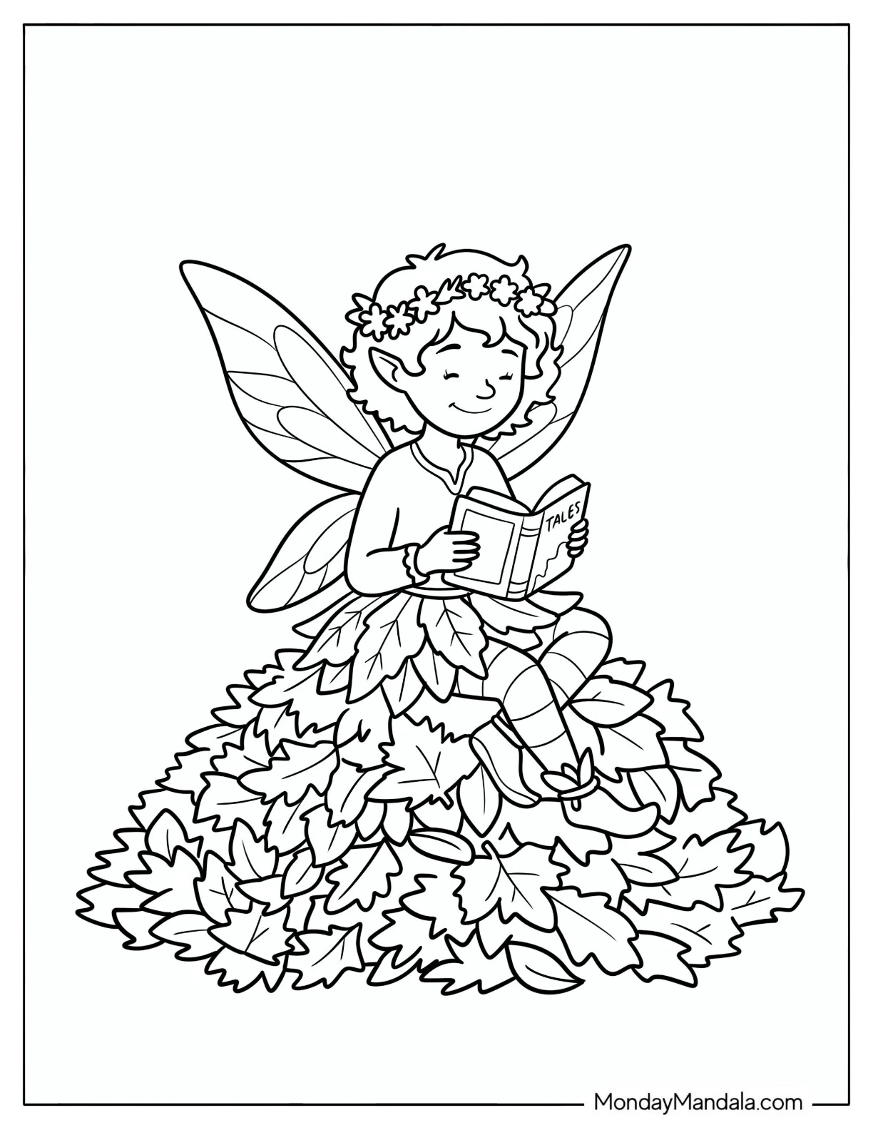 Fairy Reading a Book atop a Pile of Autumn Leaves Coloring Page for Kids coloring page