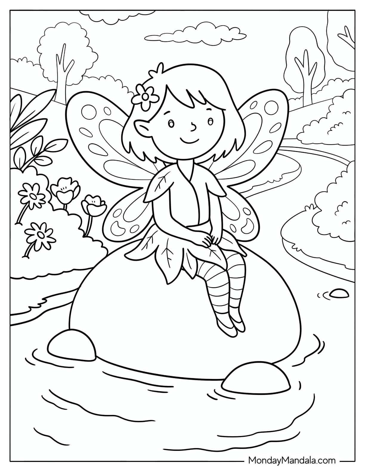 Fairy Sitting on a Rock in a Flowing Stream Coloring Page coloring page