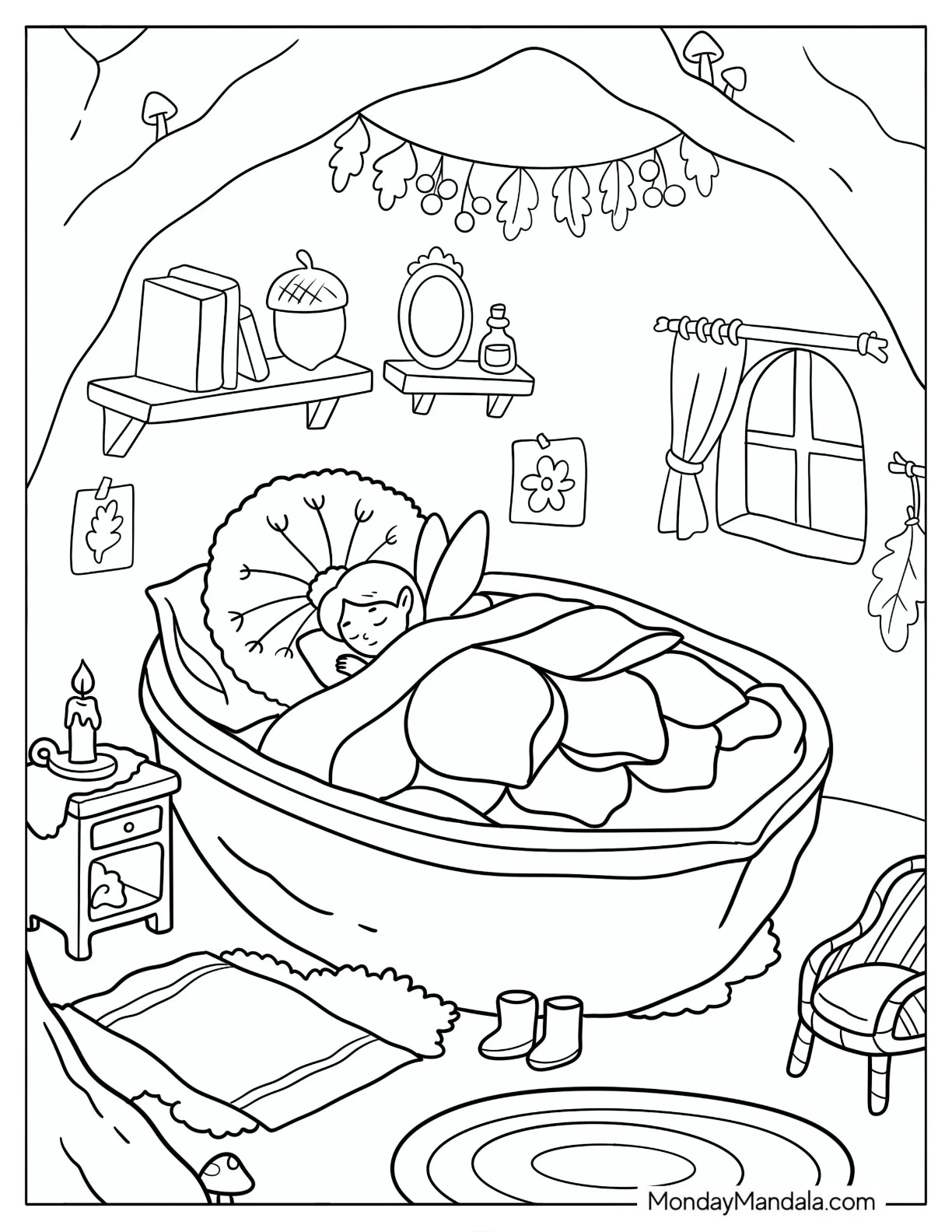 Fairy Sleeping in a Flower Petal Bed Coloring Sheet for Kids coloring page