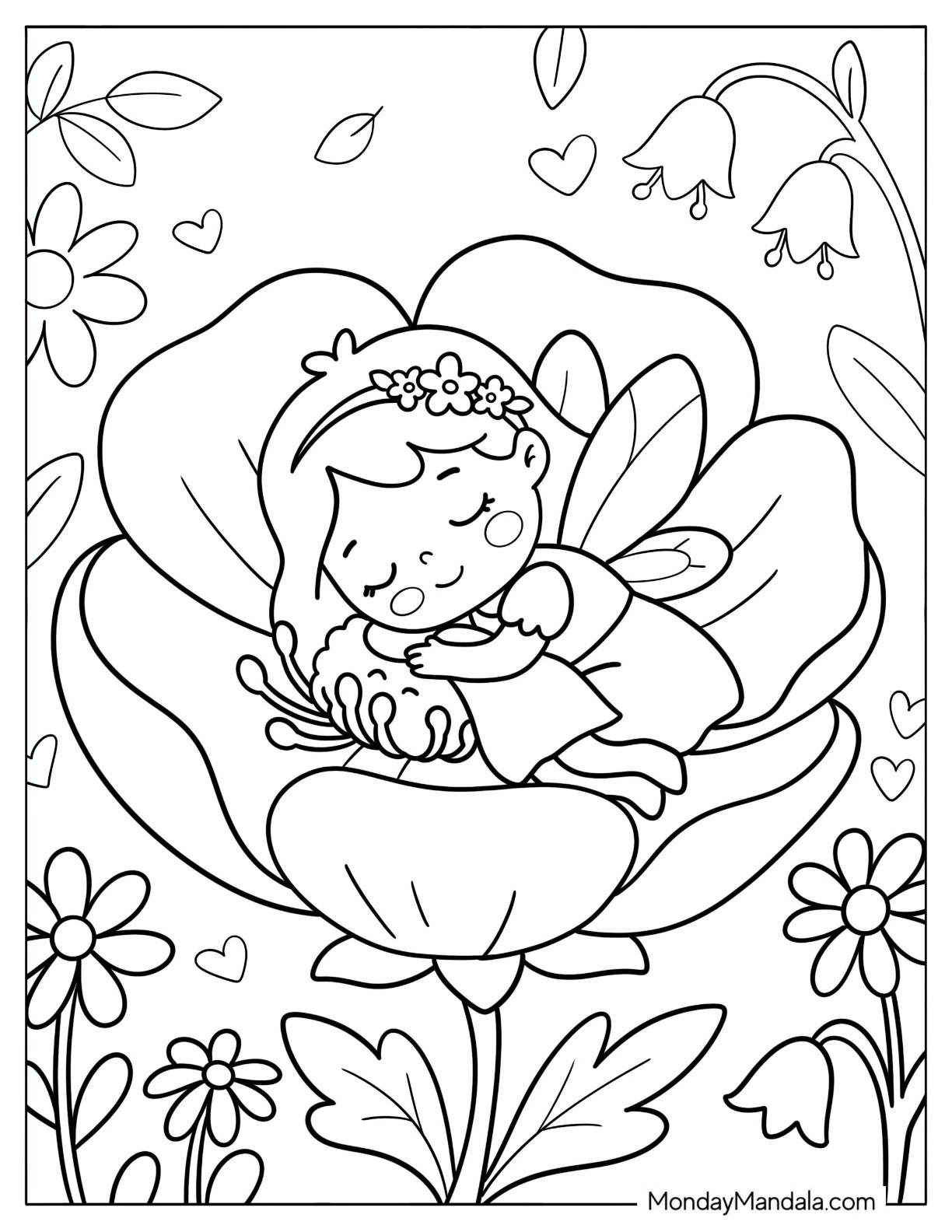 Fairy Sleeping Peacefully Inside a Blooming Flower Coloring Page for Kids coloring page