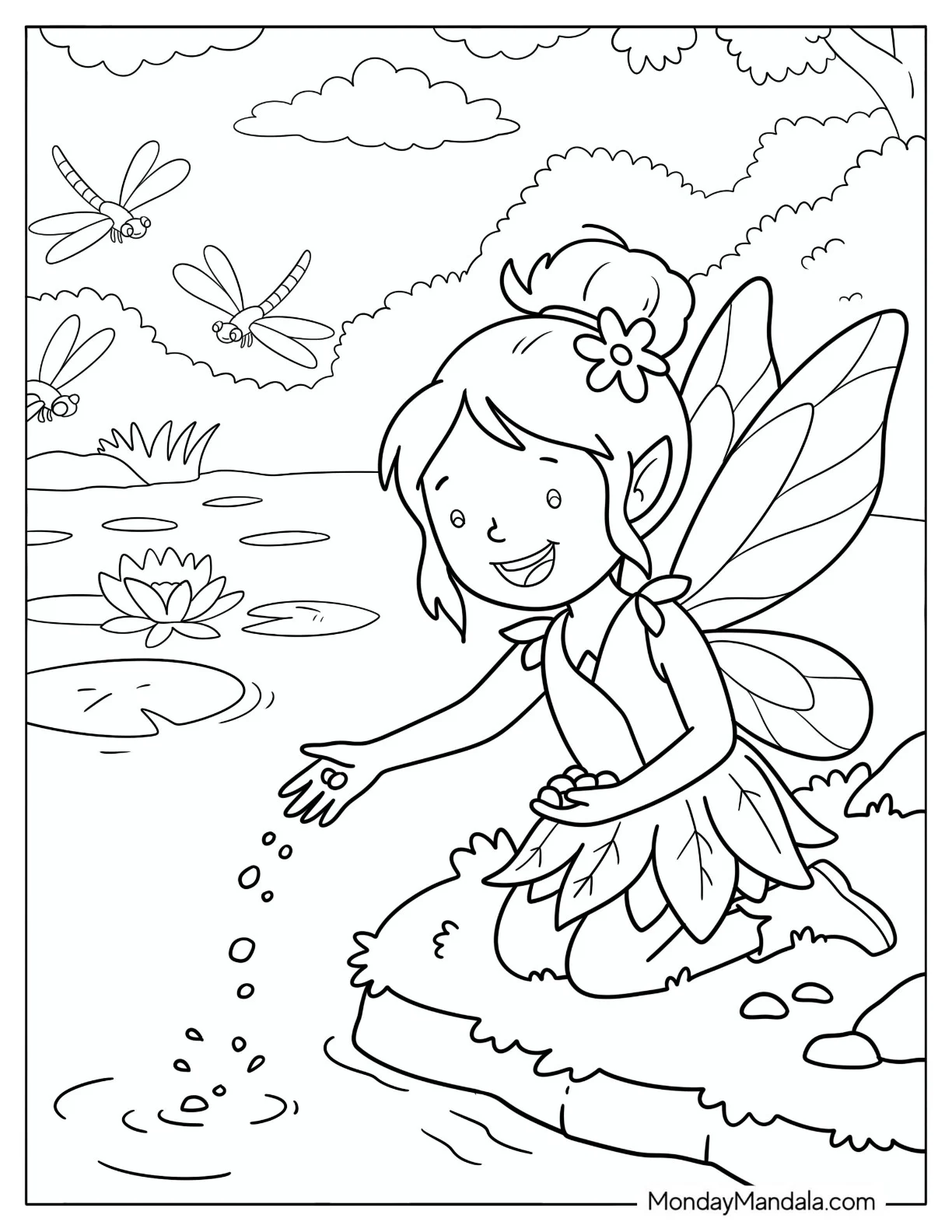 Fairy Sprinkling Magic into a Pond with Dragonflies Coloring Sheet coloring page