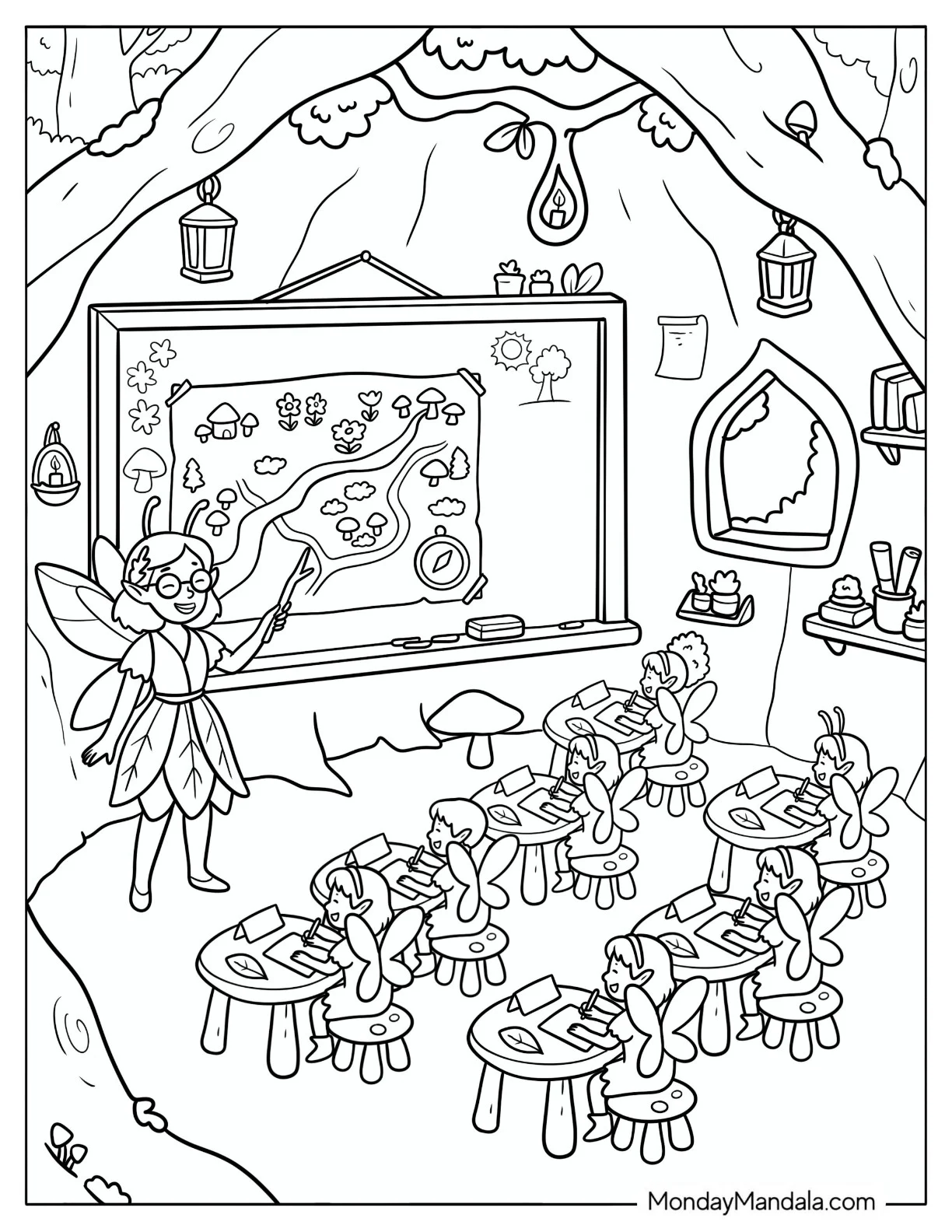Fairy Teacher Giving a Nature Lesson Inside a Hollow Tree coloring page