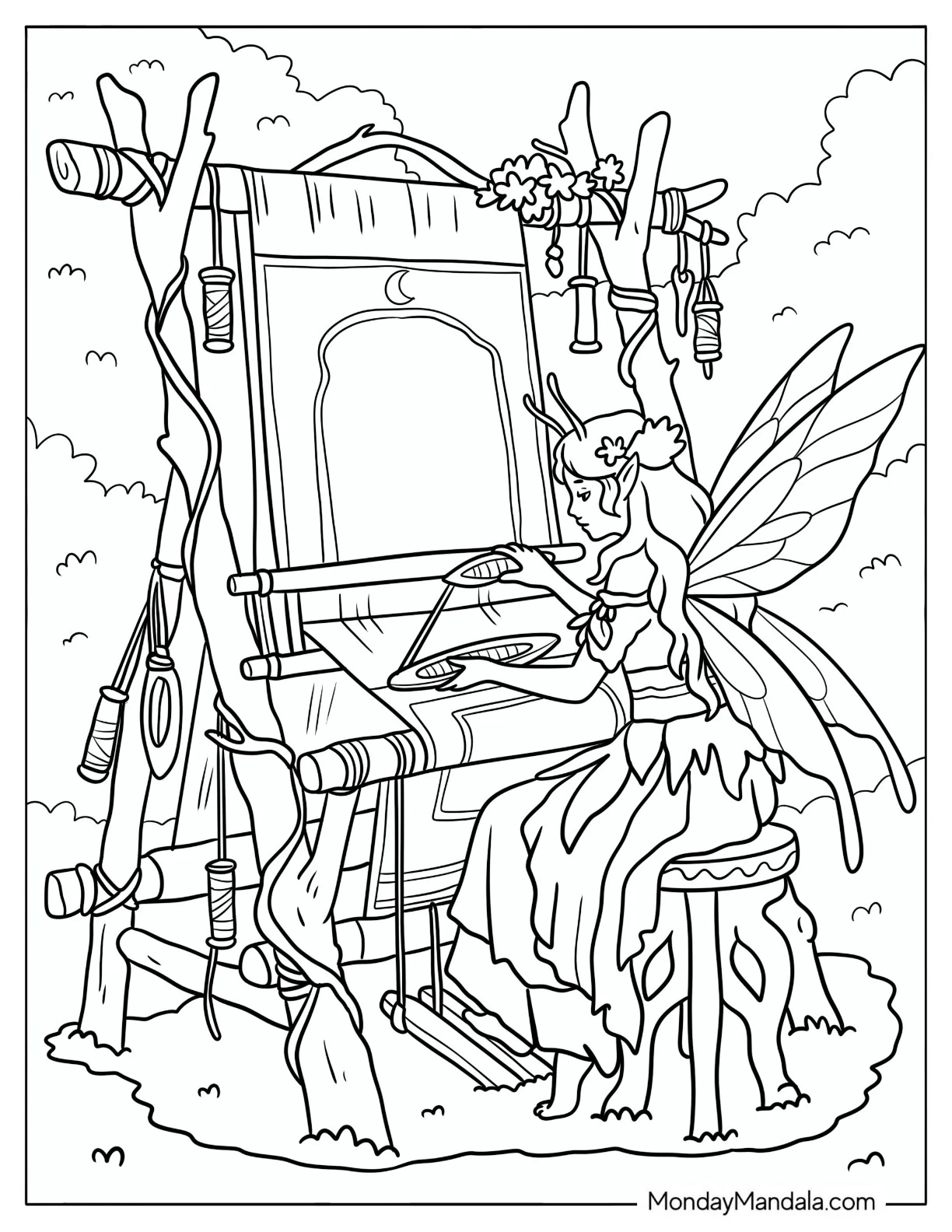 Fairy Weaving Fabric on a Woodland Loom Coloring Page coloring page