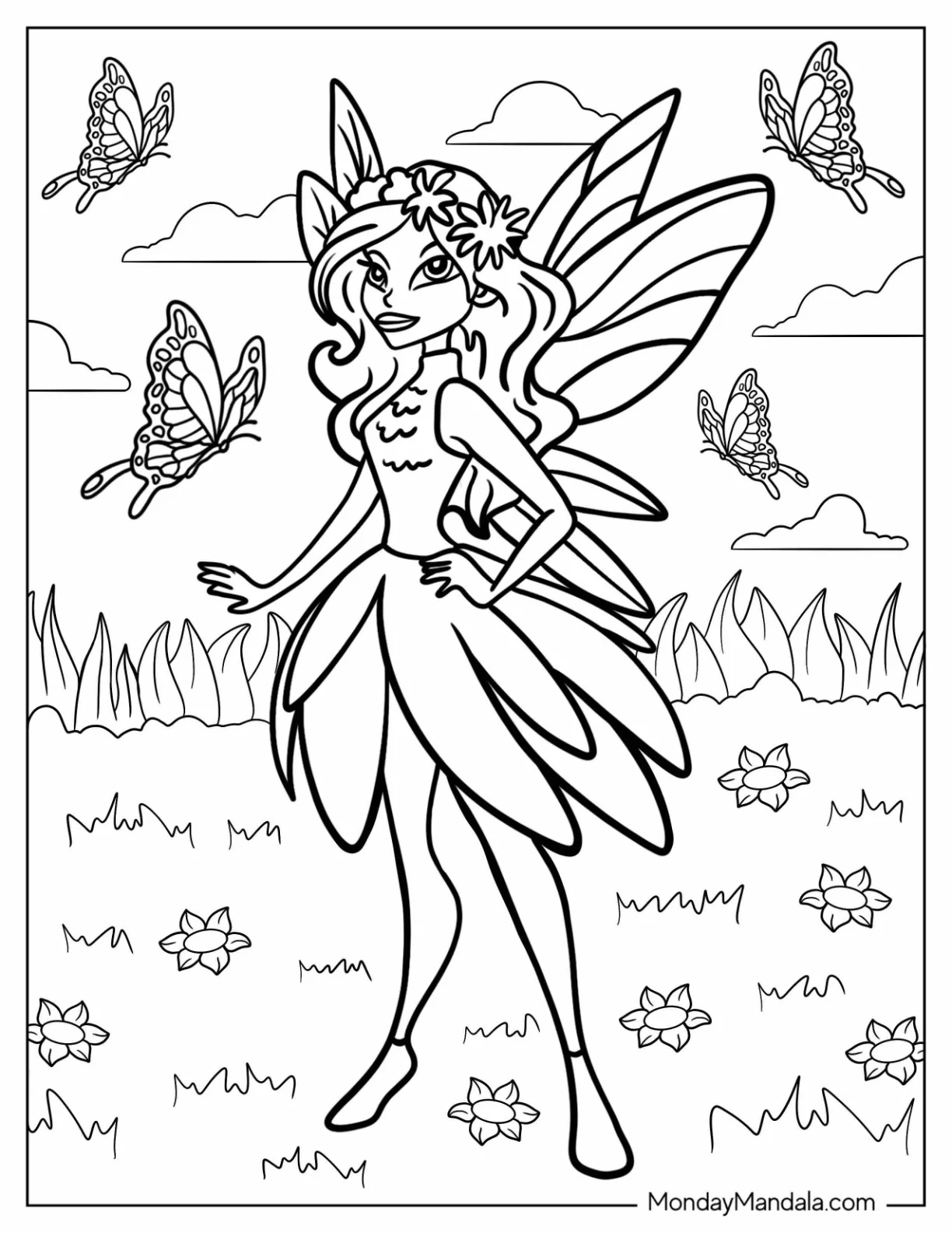 Fashionable Fairy Coloring PageSurrounded By Butterflies coloring page — printable line art