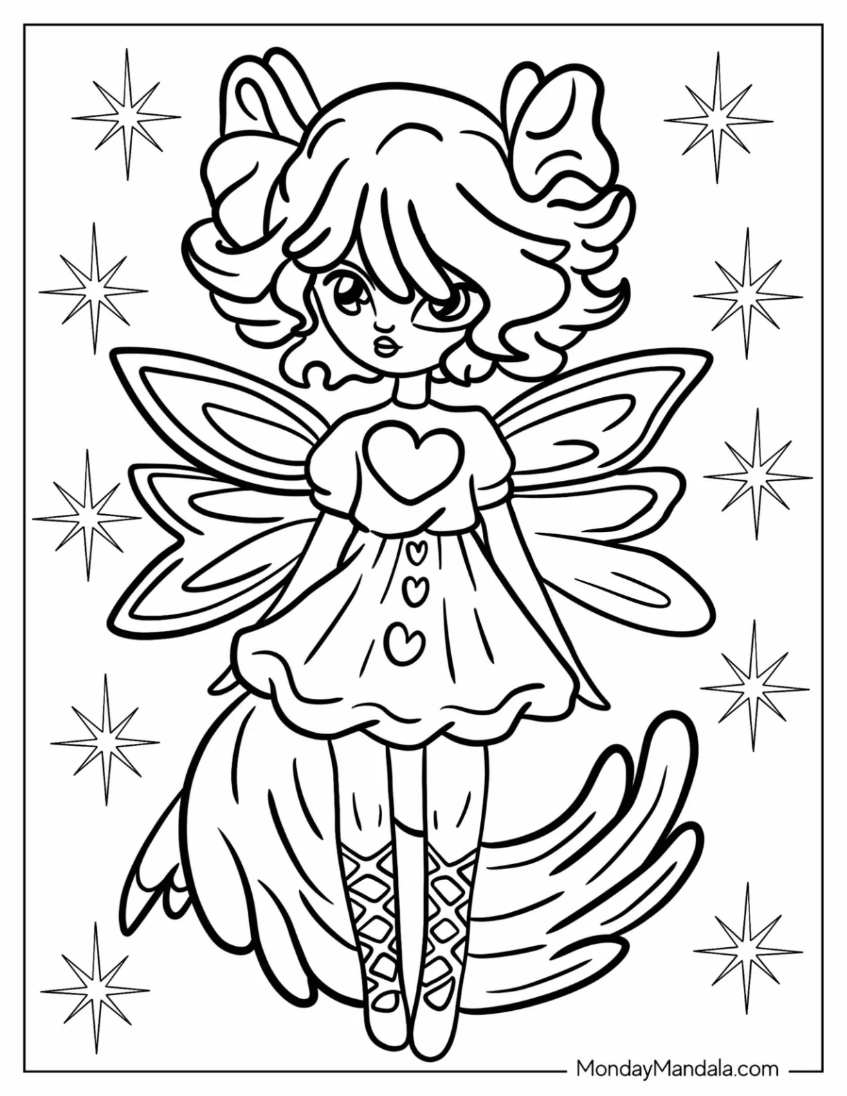 Kawaii Chibi Fairy Coloring Page With Starry Background For Preschoolers coloring page — printable line art