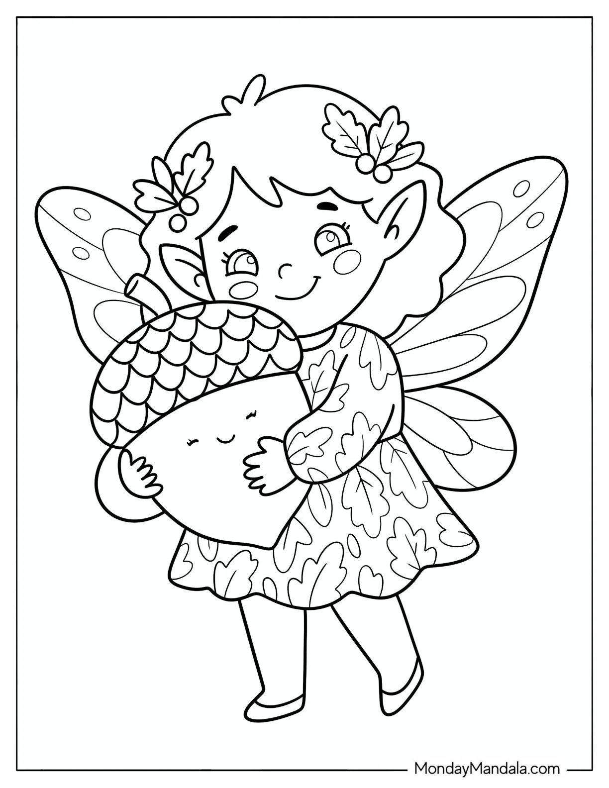 Kawaii Fairy Carrying a Giant Acorn Coloring Page for Kids coloring page